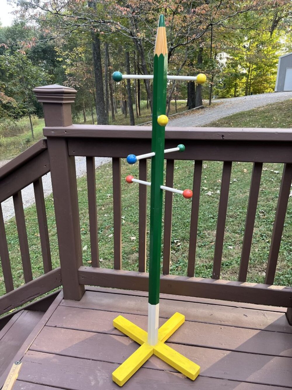 1990s Wooden Green Pencil Floor Coat Rack With Colorful Knobs And Yellow Base